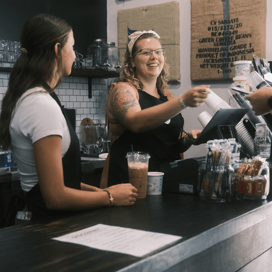 Espresso drinks and fresh baked goods on the counter at the Discovery Coffee Shop.